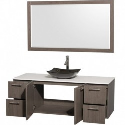 60 inch Single Bathroom Vanity in Gray Oak, White Man-Made Stone Countertop, Arista Black Granite Sink, and 58 inch Mirror