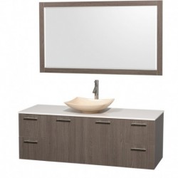 60 inch Single Bathroom Vanity in Gray Oak, White Man-Made Stone Countertop, Arista Ivory Marble Sink, and 58 inch Mirror