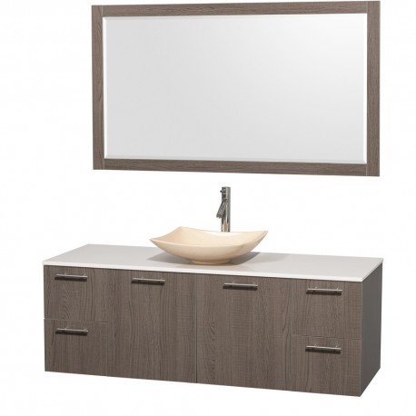 60 inch Single Bathroom Vanity in Gray Oak, White Man-Made Stone Countertop, Arista Ivory Marble Sink, and 58 inch Mirror
