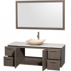 60 inch Single Bathroom Vanity in Gray Oak, White Man-Made Stone Countertop, Arista Ivory Marble Sink, and 58 inch Mirror