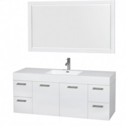 60 inch Single Bathroom Vanity in Glossy White, Acrylic Resin Countertop, Integrated Sink, and 58 inch Mirror