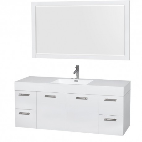 60 inch Single Bathroom Vanity in Glossy White, Acrylic Resin Countertop, Integrated Sink, and 58 inch Mirror