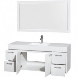 60 inch Single Bathroom Vanity in Glossy White, Acrylic Resin Countertop, Integrated Sink, and 58 inch Mirror