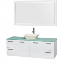 60 inch Single Bathroom Vanity in Glossy White, Green Glass Countertop, Pyra Bone Porcelain Sink, and 58 inch Mirror