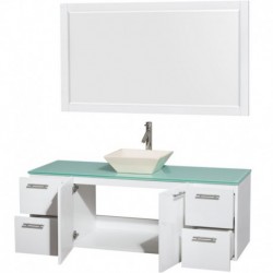 60 inch Single Bathroom Vanity in Glossy White, Green Glass Countertop, Pyra Bone Porcelain Sink, and 58 inch Mirror