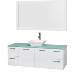 60 inch Single Bathroom Vanity in Glossy White, Green Glass Countertop, Pyra White Sink, and 58 inch Mirror
