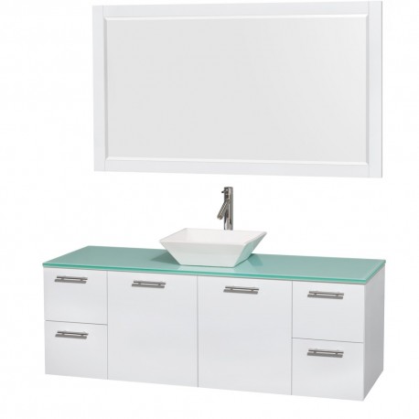 60 inch Single Bathroom Vanity in Glossy White, Green Glass Countertop, Pyra White Sink, and 58 inch Mirror