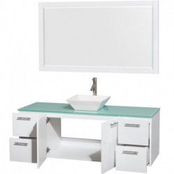 60 inch Single Bathroom Vanity in Glossy White, Green Glass Countertop, Pyra White Sink, and 58 inch Mirror