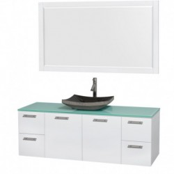 60 inch Single Bathroom Vanity in Glossy White, Green Glass Countertop, Altair Black Granite Sink, and 58 inch Mirror