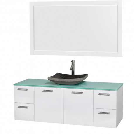 60 inch Single Bathroom Vanity in Glossy White, Green Glass Countertop, Altair Black Granite Sink, and 58 inch Mirror