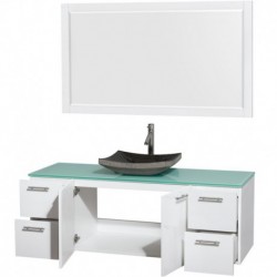 60 inch Single Bathroom Vanity in Glossy White, Green Glass Countertop, Altair Black Granite Sink, and 58 inch Mirror
