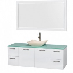 60 inch Single Bathroom Vanity in Glossy White, Green Glass Countertop, Avalon Ivory Marble Sink, and 58 inch Mirror