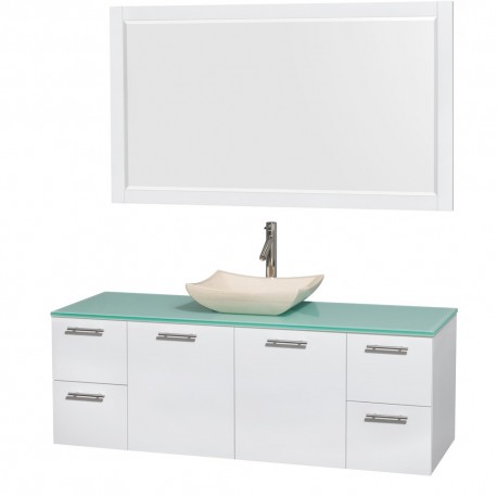 60 inch Single Bathroom Vanity in Glossy White, Green Glass Countertop, Avalon Ivory Marble Sink, and 58 inch Mirror