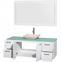 60 inch Single Bathroom Vanity in Glossy White, Green Glass Countertop, Avalon Ivory Marble Sink, and 58 inch Mirror