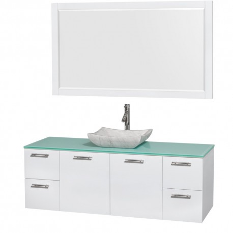 60 inch Single Bathroom Vanity in Glossy White, Green Glass Countertop, Avalon White Carrera Marble Sink, and 58 inch Mirror