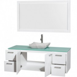 60 inch Single Bathroom Vanity in Glossy White, Green Glass Countertop, Avalon White Carrera Marble Sink, and 58 inch Mirror