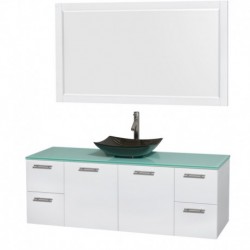 60 inch Single Bathroom Vanity in Glossy White, Green Glass Countertop, Arista Black Granite Sink, and 58 inch Mirror
