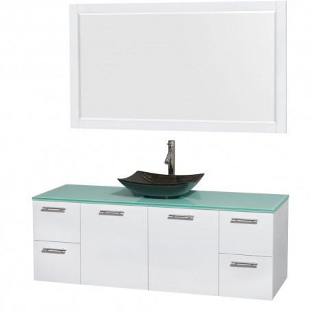 60 inch Single Bathroom Vanity in Glossy White, Green Glass Countertop, Arista Black Granite Sink, and 58 inch Mirror