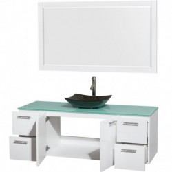 60 inch Single Bathroom Vanity in Glossy White, Green Glass Countertop, Arista Black Granite Sink, and 58 inch Mirror