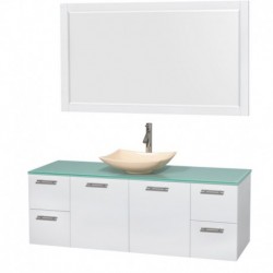 60 inch Single Bathroom Vanity in Glossy White, Green Glass Countertop, Arista Ivory Marble Sink, and 58 inch Mirror