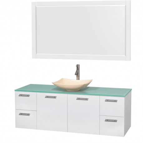 60 inch Single Bathroom Vanity in Glossy White, Green Glass Countertop, Arista Ivory Marble Sink, and 58 inch Mirror