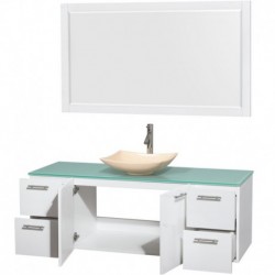 60 inch Single Bathroom Vanity in Glossy White, Green Glass Countertop, Arista Ivory Marble Sink, and 58 inch Mirror