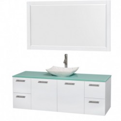 60 inch Single Bathroom Vanity in Glossy White, Green Glass Countertop, Arista White Carrera Marble Sink, and 58 inch Mirror