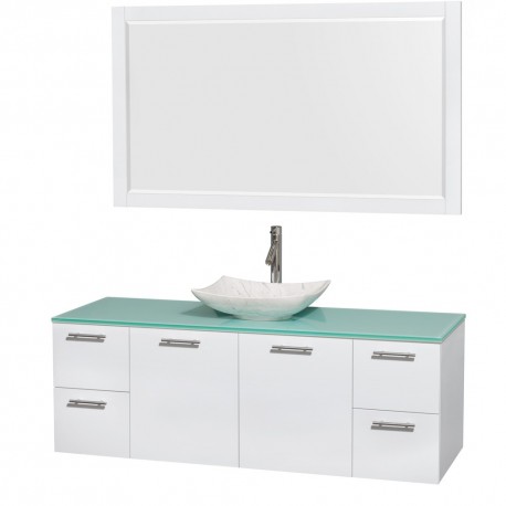 60 inch Single Bathroom Vanity in Glossy White, Green Glass Countertop, Arista White Carrera Marble Sink, and 58 inch Mirror