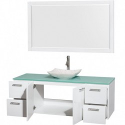 60 inch Single Bathroom Vanity in Glossy White, Green Glass Countertop, Arista White Carrera Marble Sink, and 58 inch Mirror