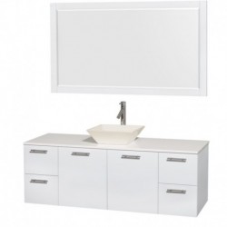 60 inch Single Bathroom Vanity in Glossy White, White Man-Made Stone Countertop, Pyra Bone Porcelain Sink, and 58 inch Mirror