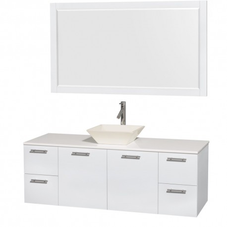 60 inch Single Bathroom Vanity in Glossy White, White Man-Made Stone Countertop, Pyra Bone Porcelain Sink, and 58 inch Mirror