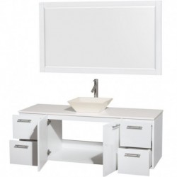 60 inch Single Bathroom Vanity in Glossy White, White Man-Made Stone Countertop, Pyra Bone Porcelain Sink, and 58 inch Mirror