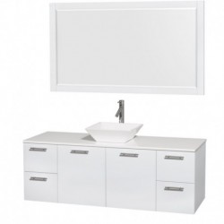 60 inch Single Bathroom Vanity in Glossy White, White Man-Made Stone Countertop, Pyra White Sink, and 58 inch Mirror