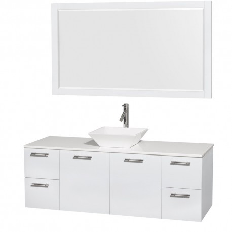 60 inch Single Bathroom Vanity in Glossy White, White Man-Made Stone Countertop, Pyra White Sink, and 58 inch Mirror