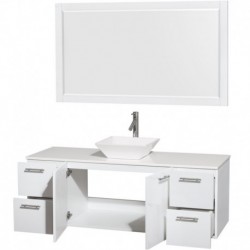 60 inch Single Bathroom Vanity in Glossy White, White Man-Made Stone Countertop, Pyra White Sink, and 58 inch Mirror