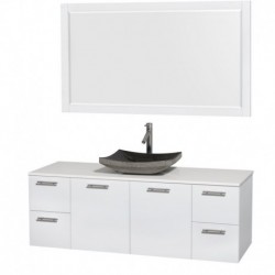 60 inch Single Bathroom Vanity in Glossy White, White Man-Made Stone Countertop, Altair Black Granite Sink, and 58 inch Mirror