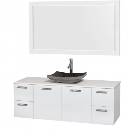 60 inch Single Bathroom Vanity in Glossy White, White Man-Made Stone Countertop, Altair Black Granite Sink, and 58 inch Mirror