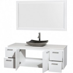 60 inch Single Bathroom Vanity in Glossy White, White Man-Made Stone Countertop, Altair Black Granite Sink, and 58 inch Mirror
