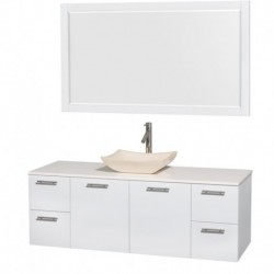 60 inch Single Bathroom Vanity in Glossy White, White Man-Made Stone Countertop, Avalon Ivory Marble Sink, and 58 inch Mirror