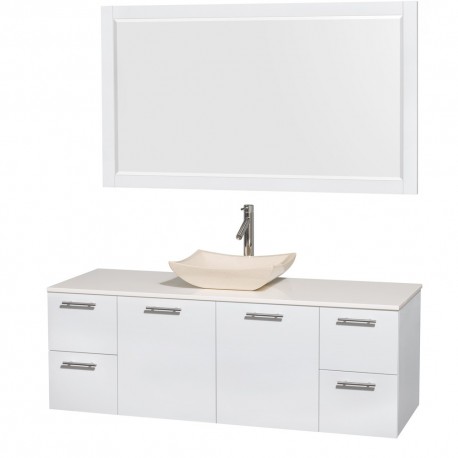 60 inch Single Bathroom Vanity in Glossy White, White Man-Made Stone Countertop, Avalon Ivory Marble Sink, and 58 inch Mirror