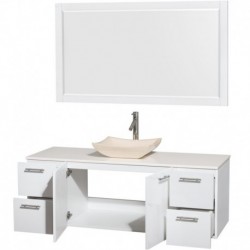 60 inch Single Bathroom Vanity in Glossy White, White Man-Made Stone Countertop, Avalon Ivory Marble Sink, and 58 inch Mirror
