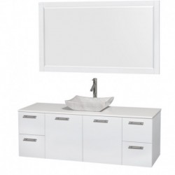 60 inch Single Bathroom Vanity in Glossy White, White Man-Made Stone Countertop, Avalon White Carrera Marble Sink, and 58 inch