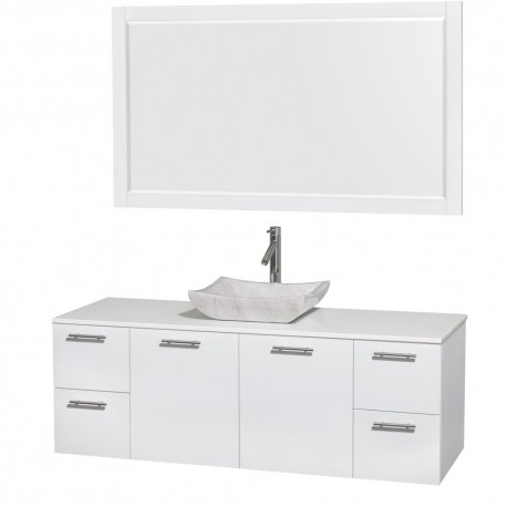 60 inch Single Bathroom Vanity in Glossy White, White Man-Made Stone Countertop, Avalon White Carrera Marble Sink, and 58 inch