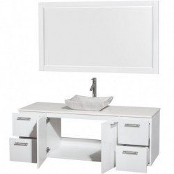 60 inch Single Bathroom Vanity in Glossy White, White Man-Made Stone Countertop, Avalon White Carrera Marble Sink, and 58 inch