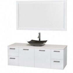 60 inch Single Bathroom Vanity in Glossy White, White Man-Made Stone Countertop, Arista Black Granite Sink, and 58 inch Mirror