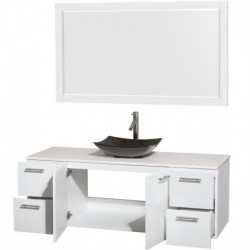 60 inch Single Bathroom Vanity in Glossy White, White Man-Made Stone Countertop, Arista Black Granite Sink, and 58 inch Mirror