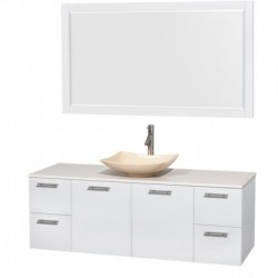 60 inch Single Bathroom Vanity in Glossy White, White Man-Made Stone Countertop, Arista Ivory Marble Sink, and 58 inch Mirror