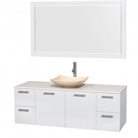 60 inch Single Bathroom Vanity in Glossy White, White Man-Made Stone Countertop, Arista Ivory Marble Sink, and 58 inch Mirror