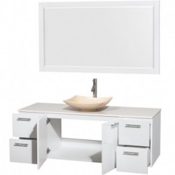 60 inch Single Bathroom Vanity in Glossy White, White Man-Made Stone Countertop, Arista Ivory Marble Sink, and 58 inch Mirror