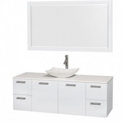 60 inch Single Bathroom Vanity in Glossy White, White Man-Made Stone Countertop, Arista White Carrera Marble Sink, and 58 inch